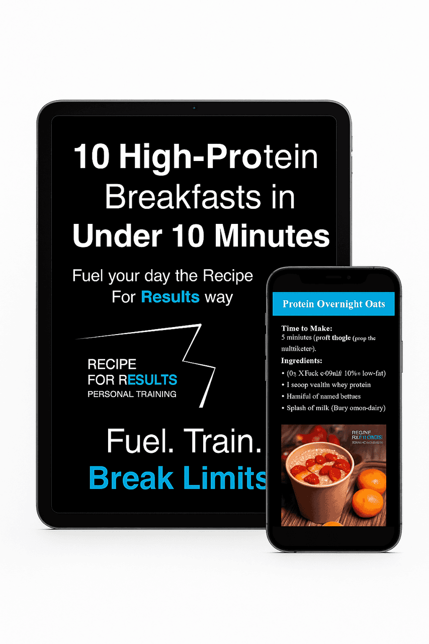 Mockup of Recipe For Results free PDF guide, 10 High-Protein Breakfasts in Under 10 Minutes, displayed on a tablet and phone to show the digital download format.