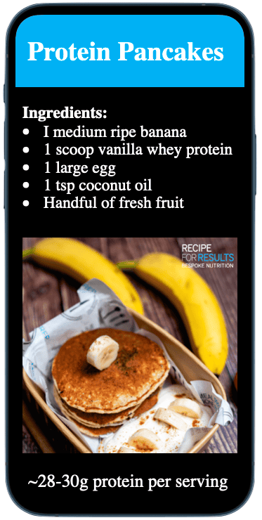iPhone mockup showing the Recipe For Results High-Protein Breakfast Guide with a Protein Pancakes recipe page.