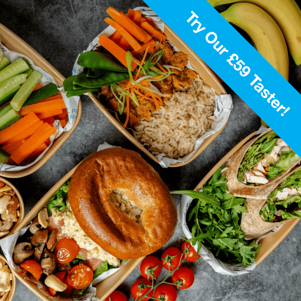 High-protein RFR meal-prep selection with banner reading ‘Try Our £59 Taster’ — Essex delivery.